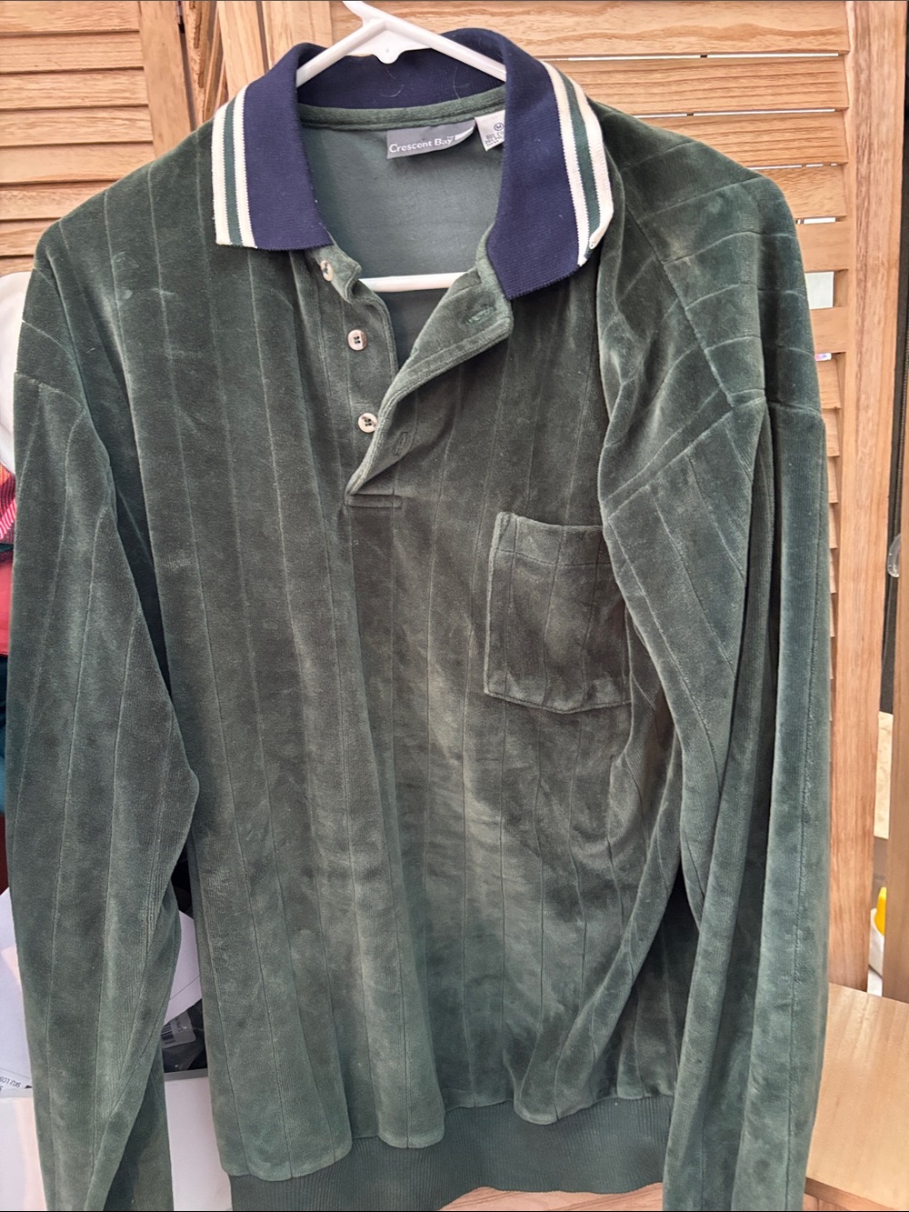 Crescent Bay Men's Vintage Forest Green Velour Polo with Navy Stripe Collar Med